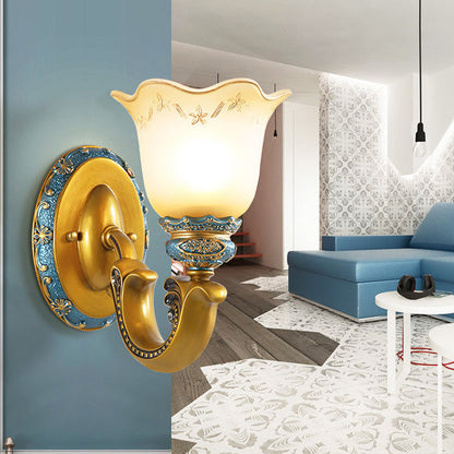 Morning Glory Iron Resin Glass 1/2 - Light Wall Sconce Lamp