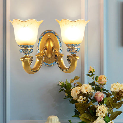 Morning Glory Iron Resin Glass 1/2 - Light Wall Sconce Lamp