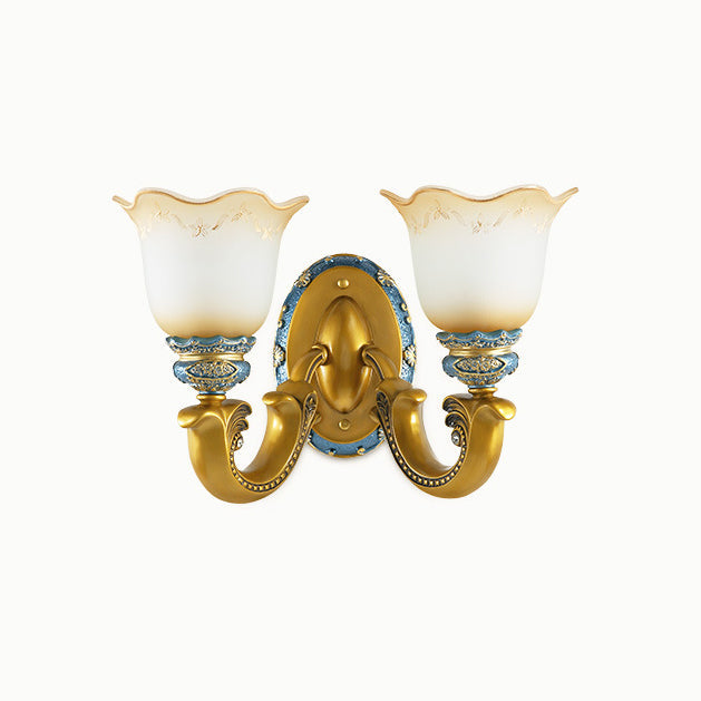 Morning Glory Iron Resin Glass 1/2 - Light Wall Sconce Lamp