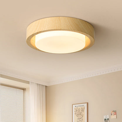 Contemporary Nordic Round Wood Iron Glass LED Flush Mount Ceiling Light For Hallways