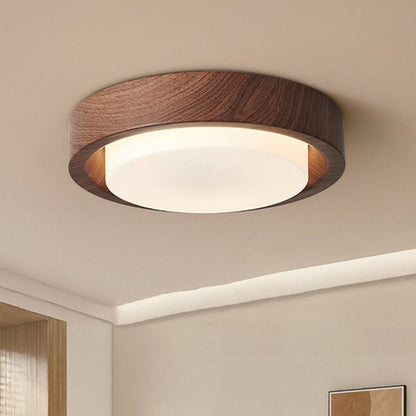 Contemporary Nordic Round Wood Iron Glass LED Flush Mount Ceiling Light For Hallways