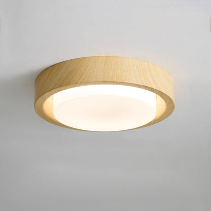 Contemporary Nordic Round Wood Iron Glass LED Flush Mount Ceiling Light For Hallways