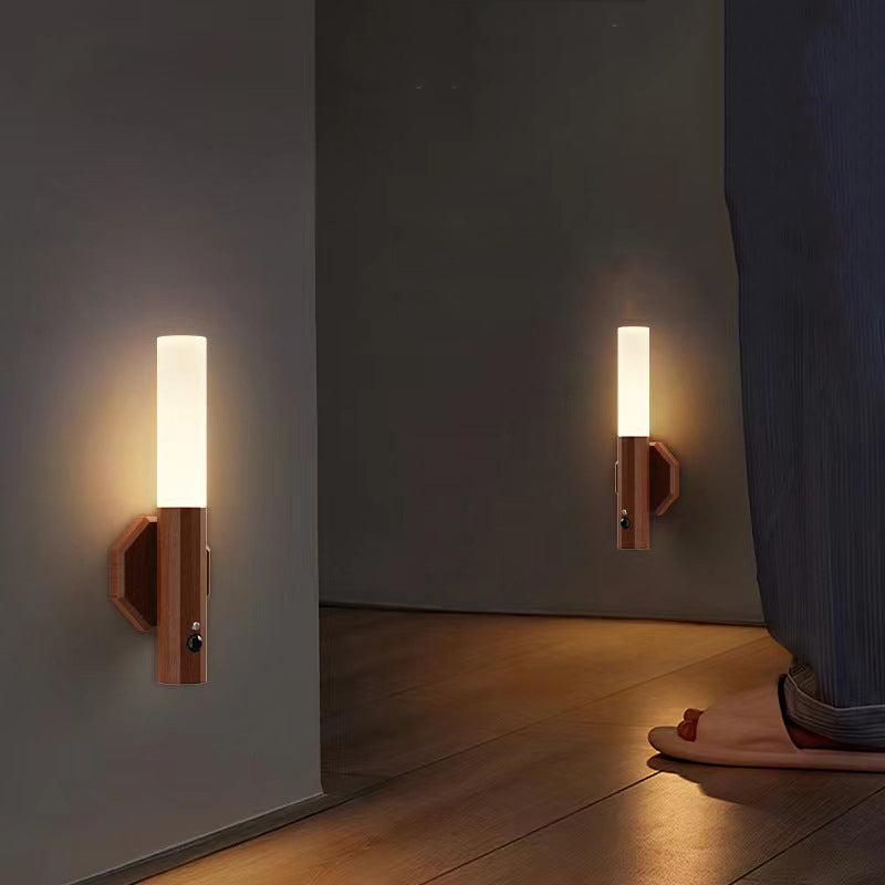 Hexagonal Cylinder Solid Wood Acrylic LED Wall Sconce Lamp