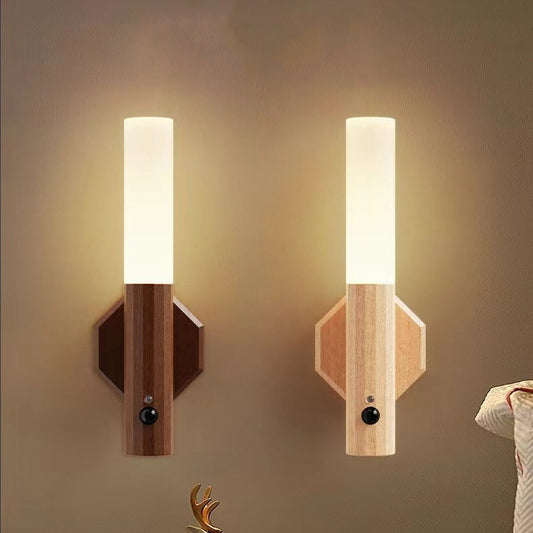Hexagonal Cylinder Solid Wood Acrylic LED Wall Sconce Lamp