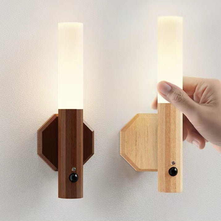 Hexagonal Cylinder Solid Wood Acrylic LED Wall Sconce Lamp