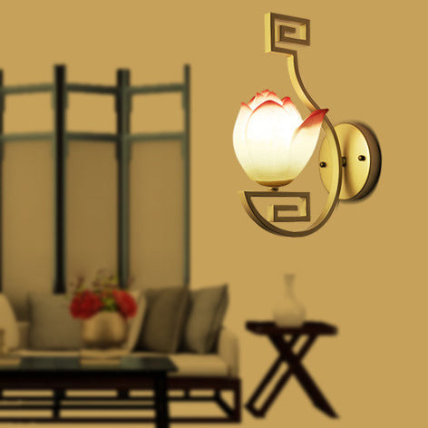 Chinese Lampshade Curved Arm 1-Light Wall Sconce Lamp