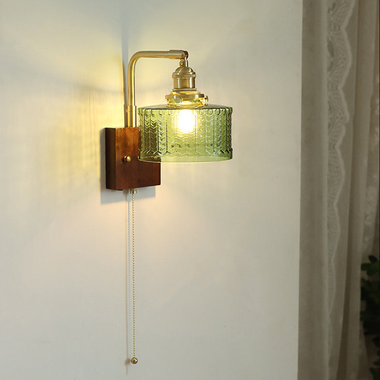 Japanese Wood Glass Cylinder 1-Light Wall Sconce Lamp