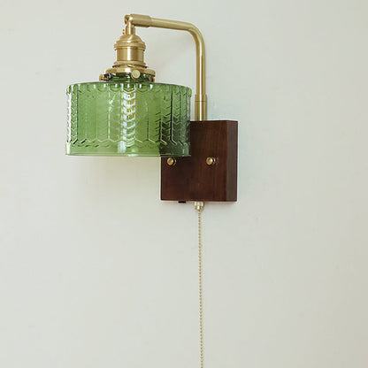 Japanese Wood Glass Cylinder 1-Light Wall Sconce Lamp