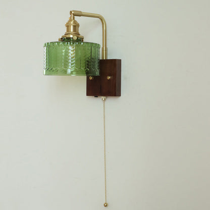 Japanese Wood Glass Cylinder 1-Light Wall Sconce Lamp