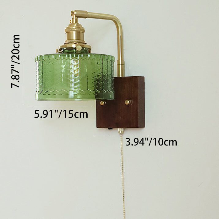 Japanese Wood Glass Cylinder 1-Light Wall Sconce Lamp