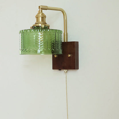 Japanese Wood Glass Cylinder 1-Light Wall Sconce Lamp