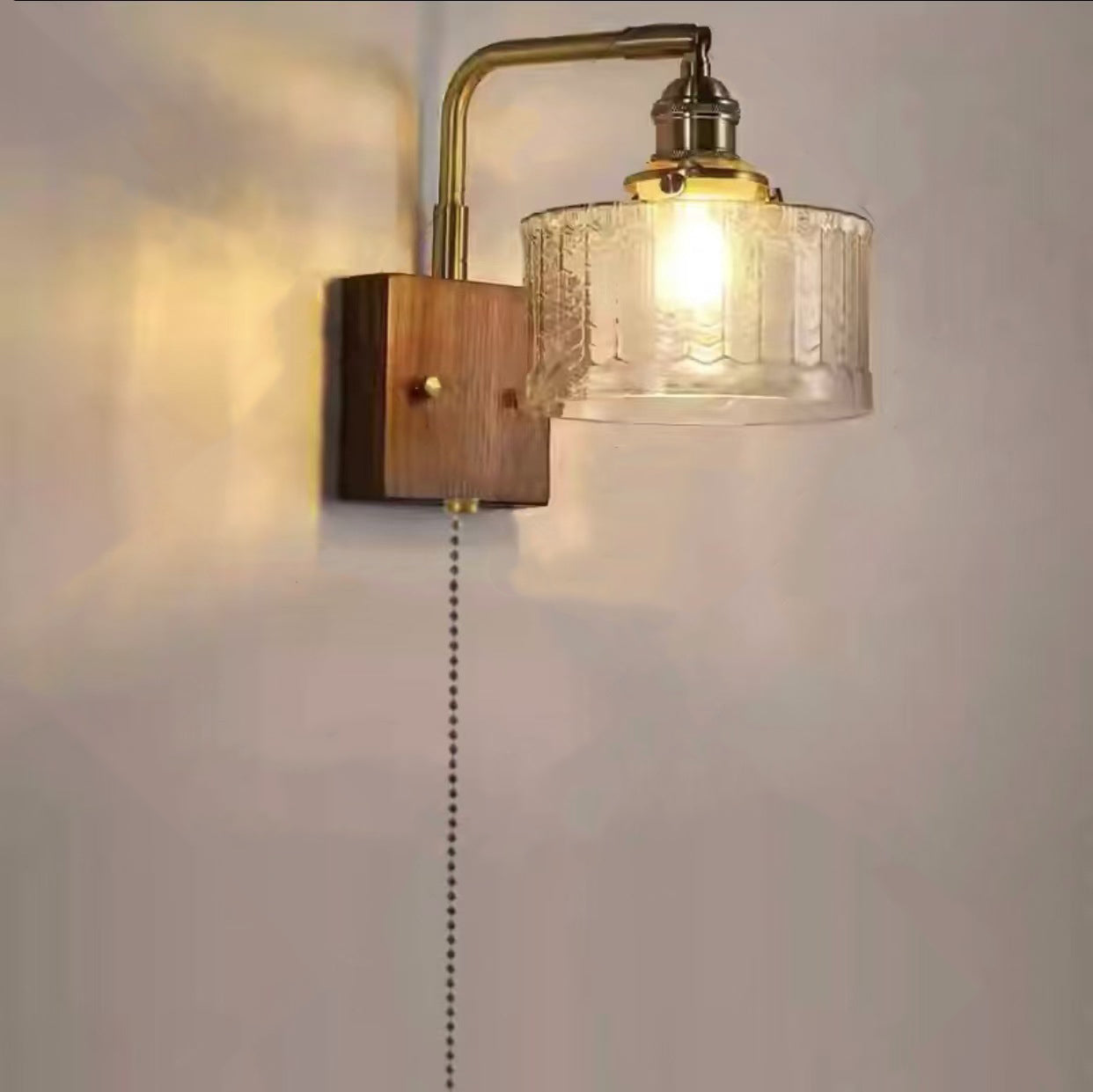 Japanese Wood Glass Cylinder 1-Light Wall Sconce Lamp