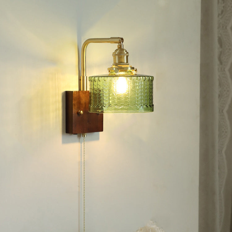 Japanese Wood Glass Cylinder 1-Light Wall Sconce Lamp
