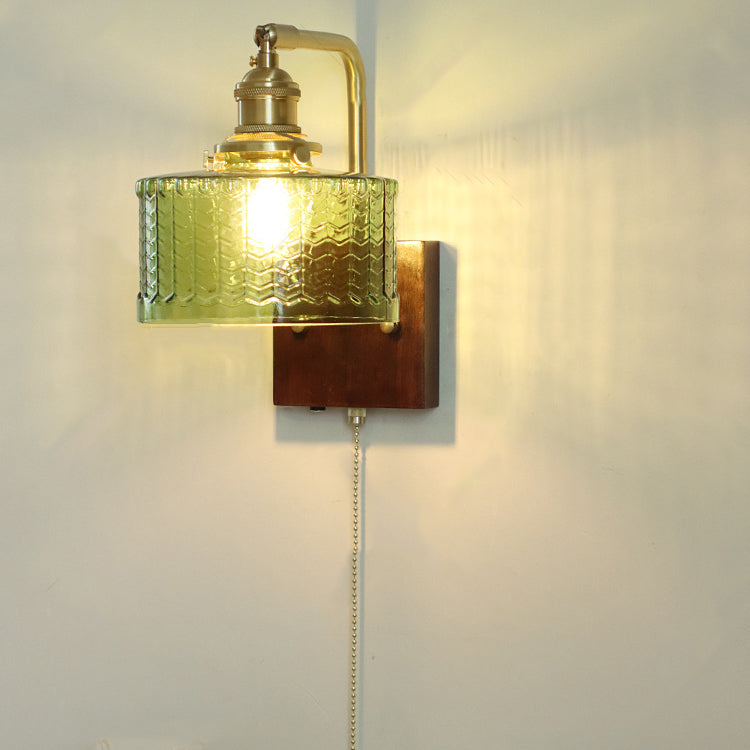 Japanese Wood Glass Cylinder 1-Light Wall Sconce Lamp