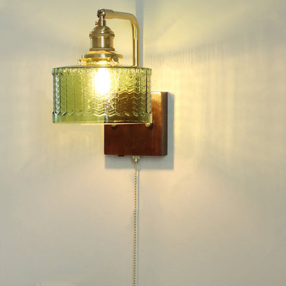 Japanese Wood Glass Cylinder 1-Light Wall Sconce Lamp