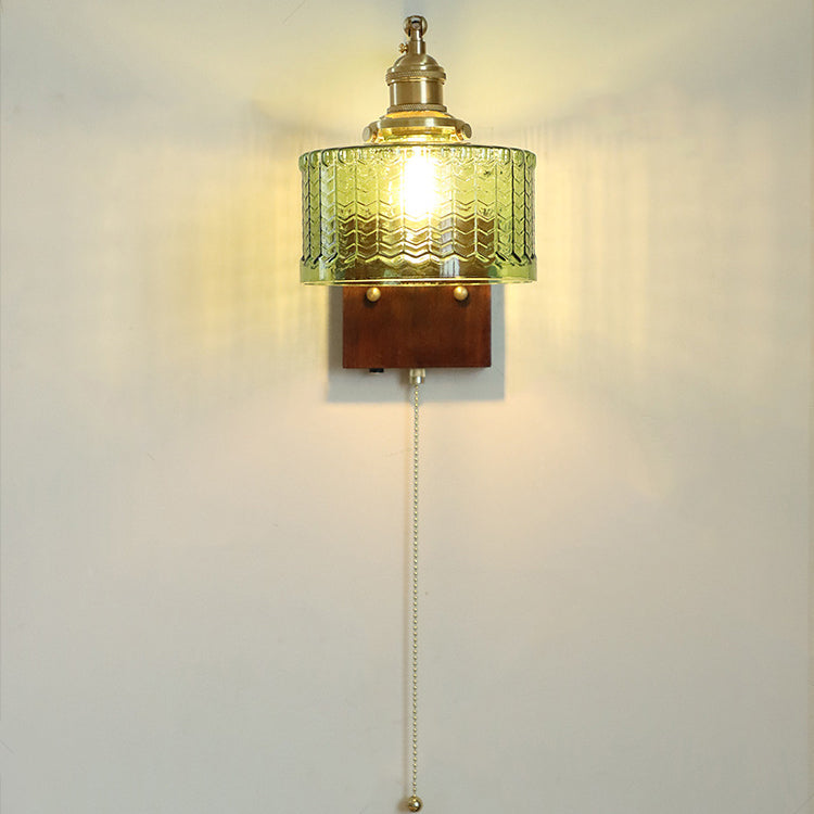 Japanese Wood Glass Cylinder 1-Light Wall Sconce Lamp