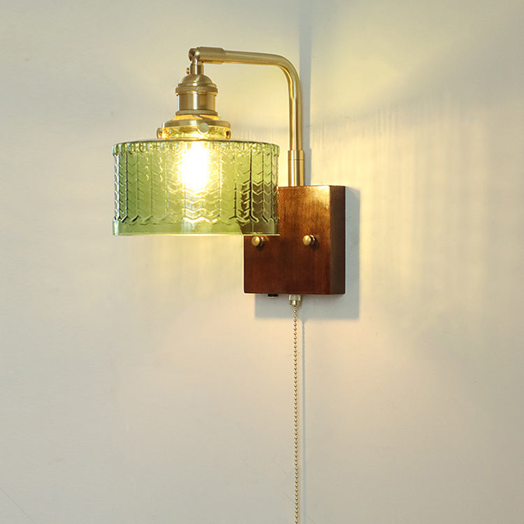 Japanese Wood Glass Cylinder 1-Light Wall Sconce Lamp