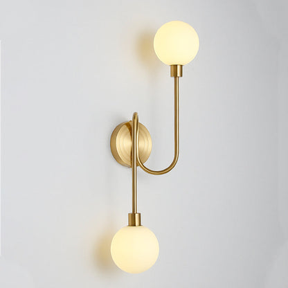 Brass Curved Rod Globe Glass Shade 2-Light Wall Sconce Lamp