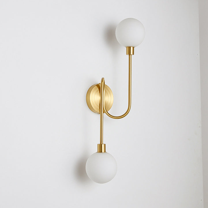 Brass Curved Rod Globe Glass Shade 2-Light Wall Sconce Lamp
