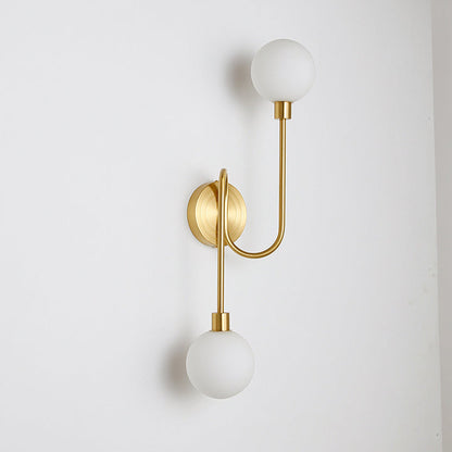 Brass Curved Rod Globe Glass Shade 2-Light Wall Sconce Lamp