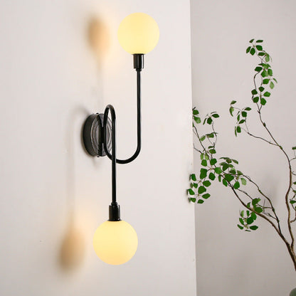 Brass Curved Rod Globe Glass Shade 2-Light Wall Sconce Lamp