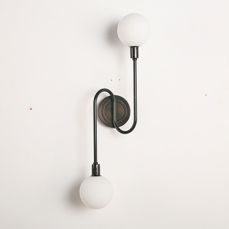 Brass Curved Rod Globe Glass Shade 2-Light Wall Sconce Lamp