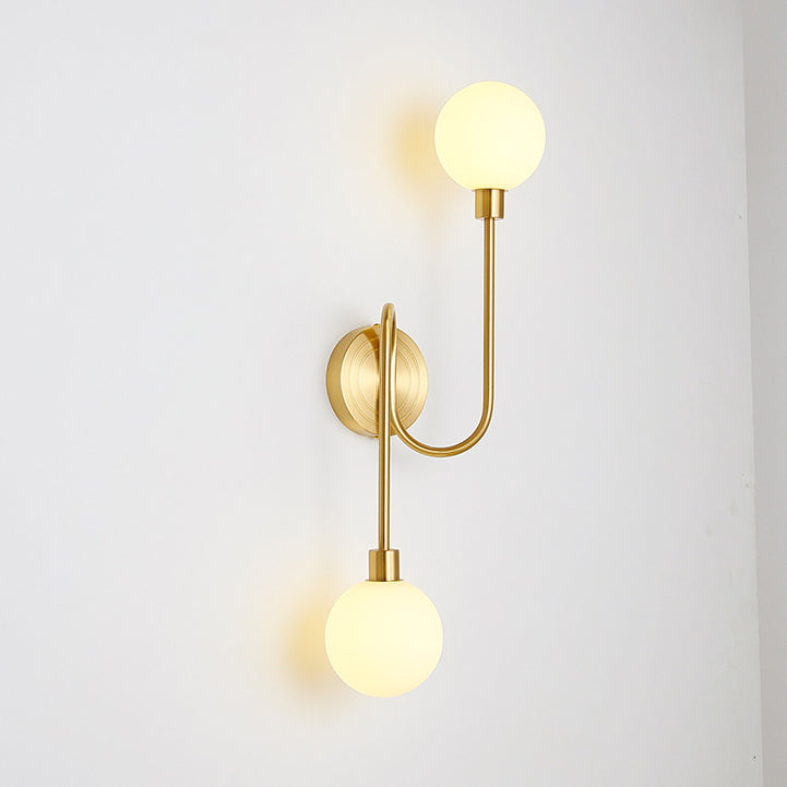 Brass Curved Rod Globe Glass Shade 2-Light Wall Sconce Lamp