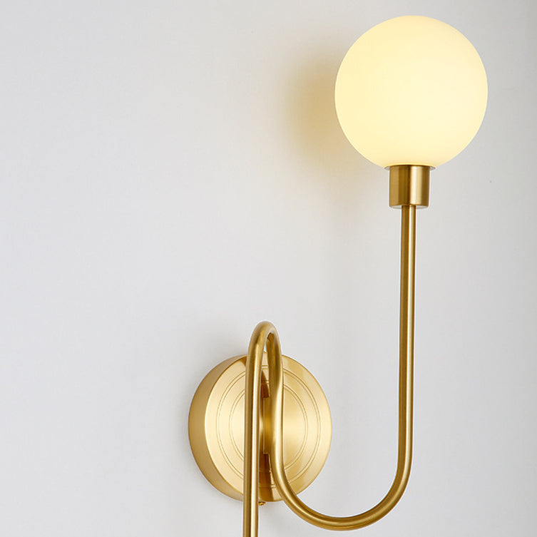 Brass Curved Rod Globe Glass Shade 2-Light Wall Sconce Lamp