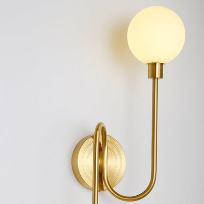 Brass Curved Rod Globe Glass Shade 2-Light Wall Sconce Lamp