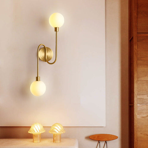 Brass Curved Rod Globe Glass Shade 2-Light Wall Sconce Lamp