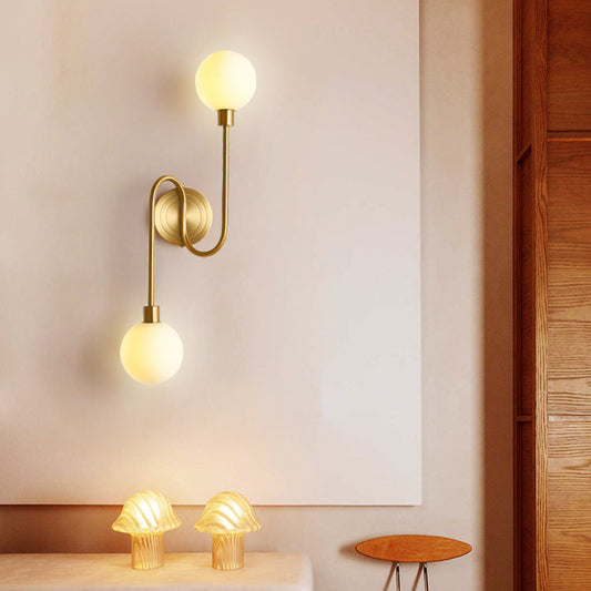 Brass Curved Rod Globe Glass Shade 2-Light Wall Sconce Lamp