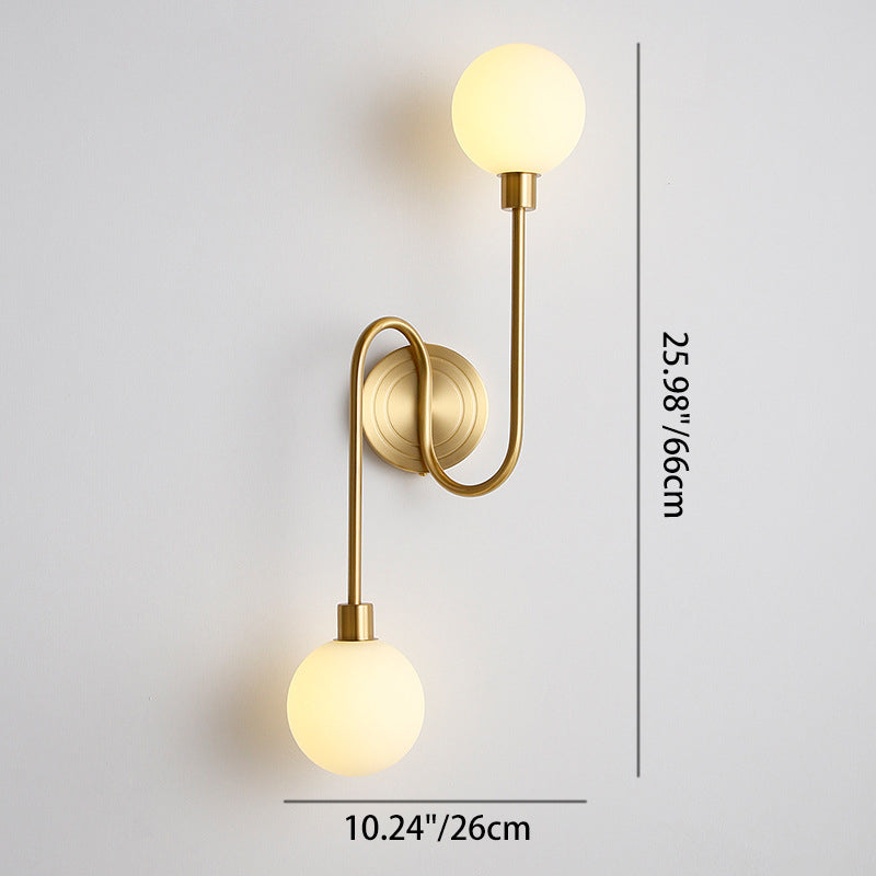 Brass Curved Rod Globe Glass Shade 2-Light Wall Sconce Lamp