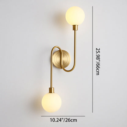 Brass Curved Rod Globe Glass Shade 2-Light Wall Sconce Lamp