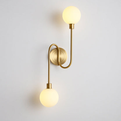 Brass Curved Rod Globe Glass Shade 2-Light Wall Sconce Lamp