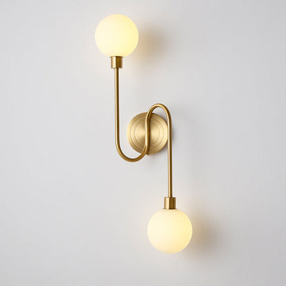 Brass Curved Rod Globe Glass Shade 2-Light Wall Sconce Lamp