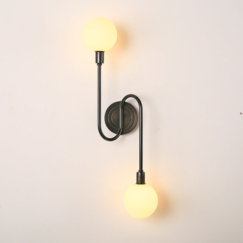 Brass Curved Rod Globe Glass Shade 2-Light Wall Sconce Lamp