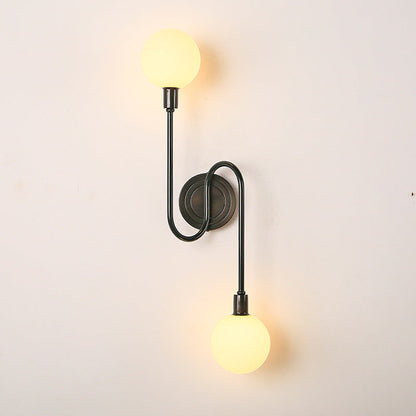 Brass Curved Rod Globe Glass Shade 2-Light Wall Sconce Lamp