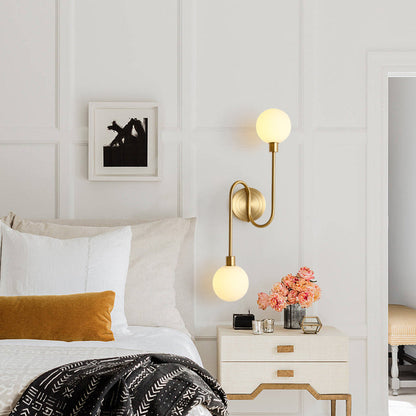 Brass Curved Rod Globe Glass Shade 2-Light Wall Sconce Lamp