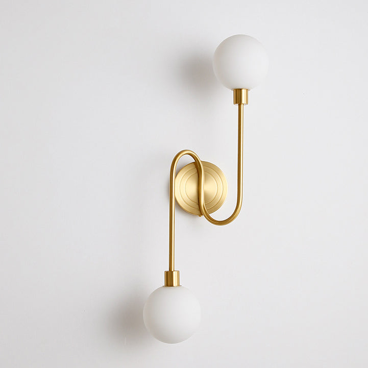Brass Curved Rod Globe Glass Shade 2-Light Wall Sconce Lamp