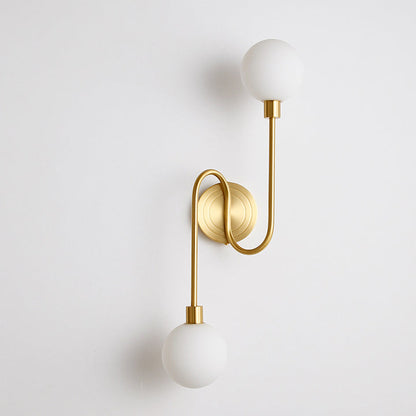 Brass Curved Rod Globe Glass Shade 2-Light Wall Sconce Lamp