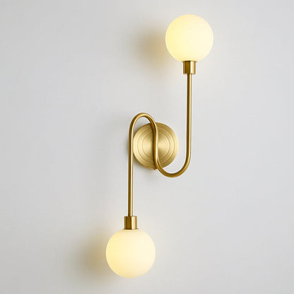 Brass Curved Rod Globe Glass Shade 2-Light Wall Sconce Lamp