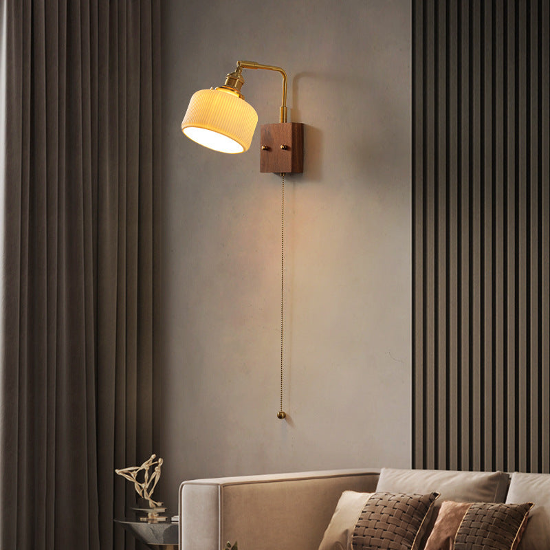 Brass Pleated Fabric Ceramic Shade 1-Light Wall Sconce Lamp