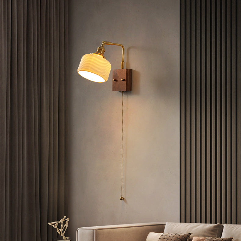 Brass Pleated Fabric Ceramic Shade 1-Light Wall Sconce Lamp
