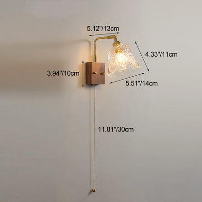 Brass & Walnut Rose-Textured Glass 1-Light Wall Sconce Lamp