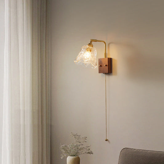 Brass & Walnut Rose-Textured Glass 1-Light Wall Sconce Lamp