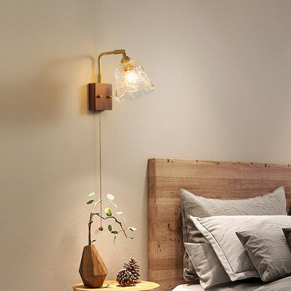 Brass & Walnut Rose-Textured Glass 1-Light Wall Sconce Lamp