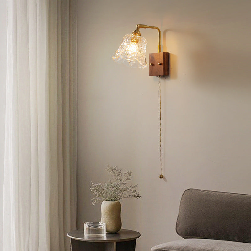 Brass & Walnut Rose-Textured Glass 1-Light Wall Sconce Lamp