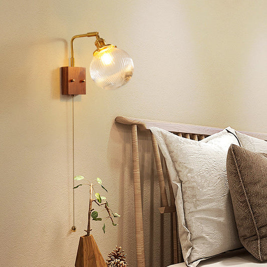 Brass & Walnut Ribbed Globe Glass 1-Light Wall Sconce Lamp