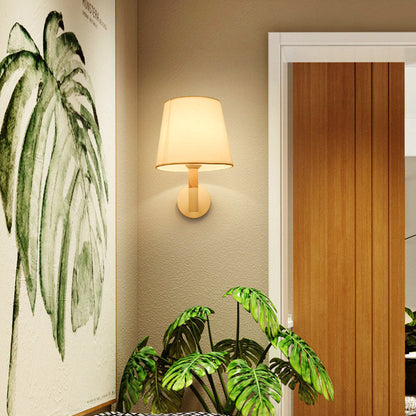 Minimalist Iron Wood Fabric Round 1-Light Wall Sconce Lamp
