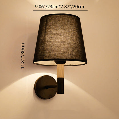 Minimalist Iron Wood Fabric Round 1-Light Wall Sconce Lamp